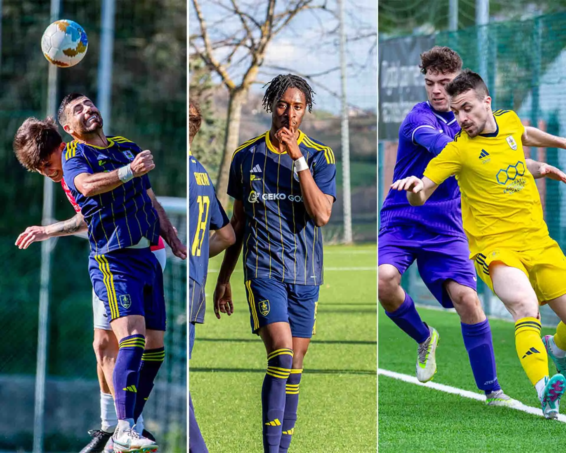 Three vertical images side by side of action shots taken place during professional football matches in the San Marino national league