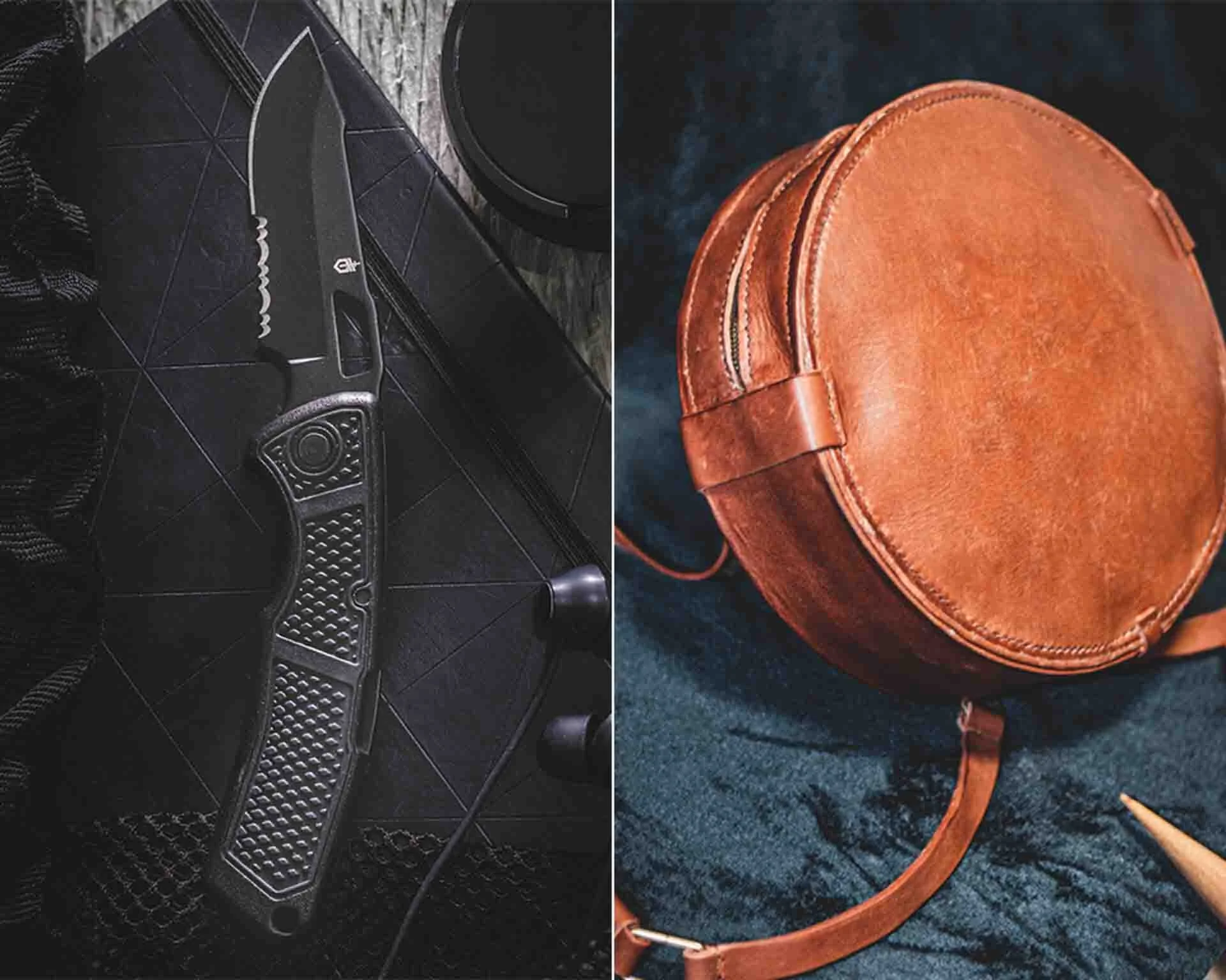 Split image with two products on the left and right. The first product is a black folding knife framed upon a black textured pattern with other black items scattered around it. The second image is of a brown circular leather backpack.