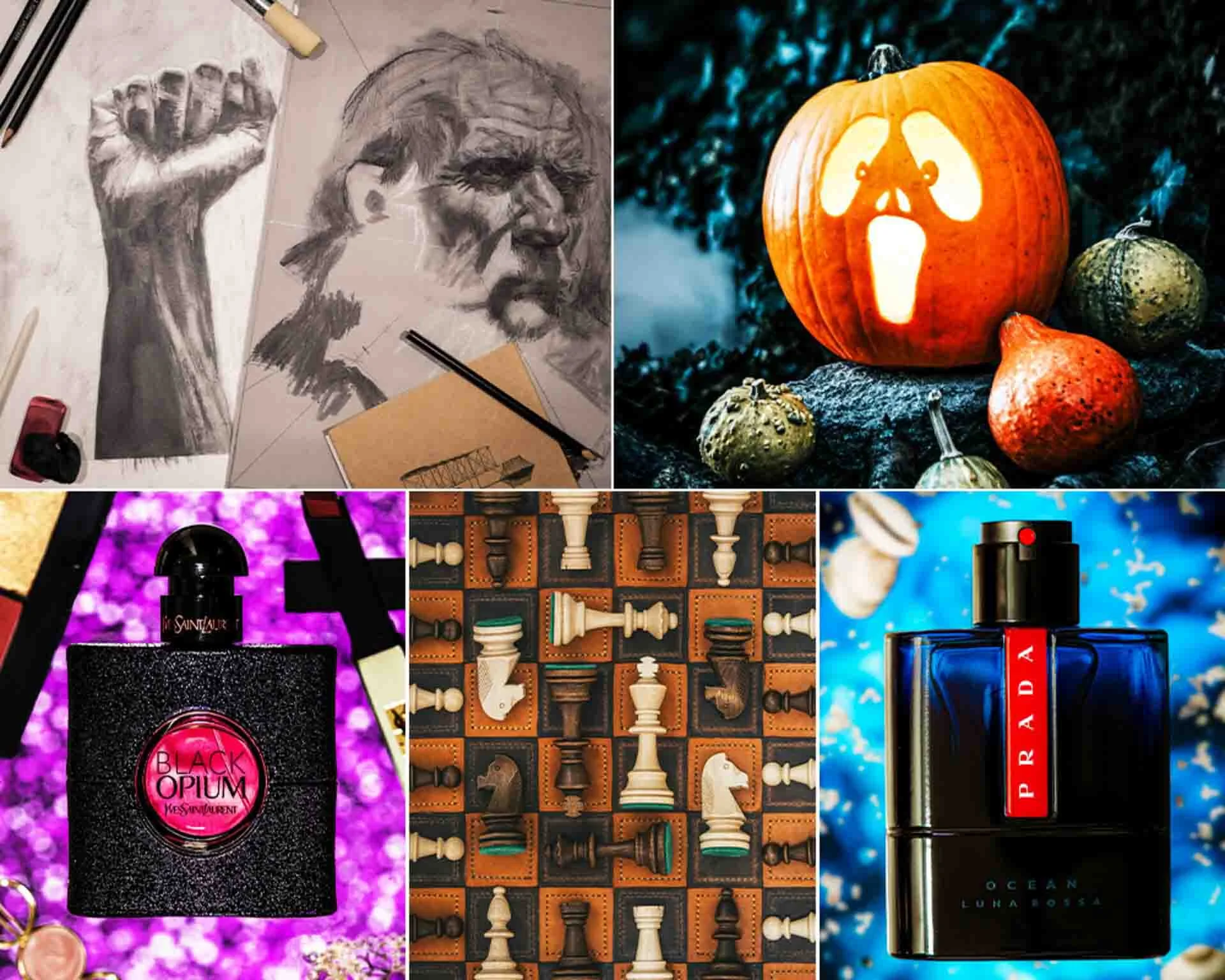 5 images are displayed, all different types of products that have been photographed. In the bottom corner there are two bottles of cologne, bottom middle there is a top-down image of a chess court and the chess pieces laid out on the board. In the top row, there is a photo of a carved Halloween pumpkin on the right and a charcoal sketch to the left