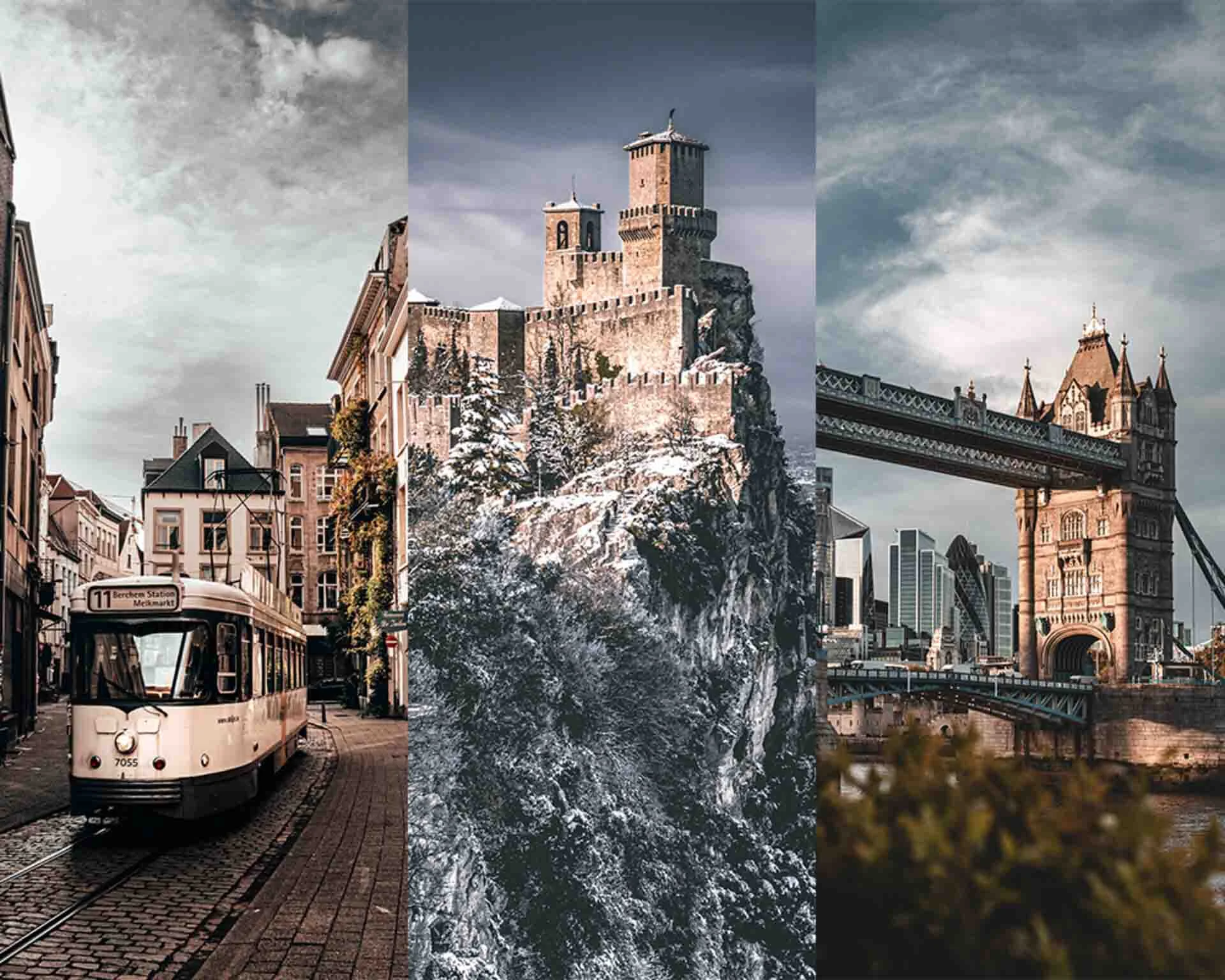 Three images side by side, displaying different types of travel photography, On the left, there is a photo from Antwerp Belgium of a tram moving through an old cobblestone street. In the middle there is a photo of the First Tower atop the city of San Marino, it is covered in snow and has an expansive landscape behind it, on the right there is a photo of the tower bridge in London at sunset, shining orange light across both towers
