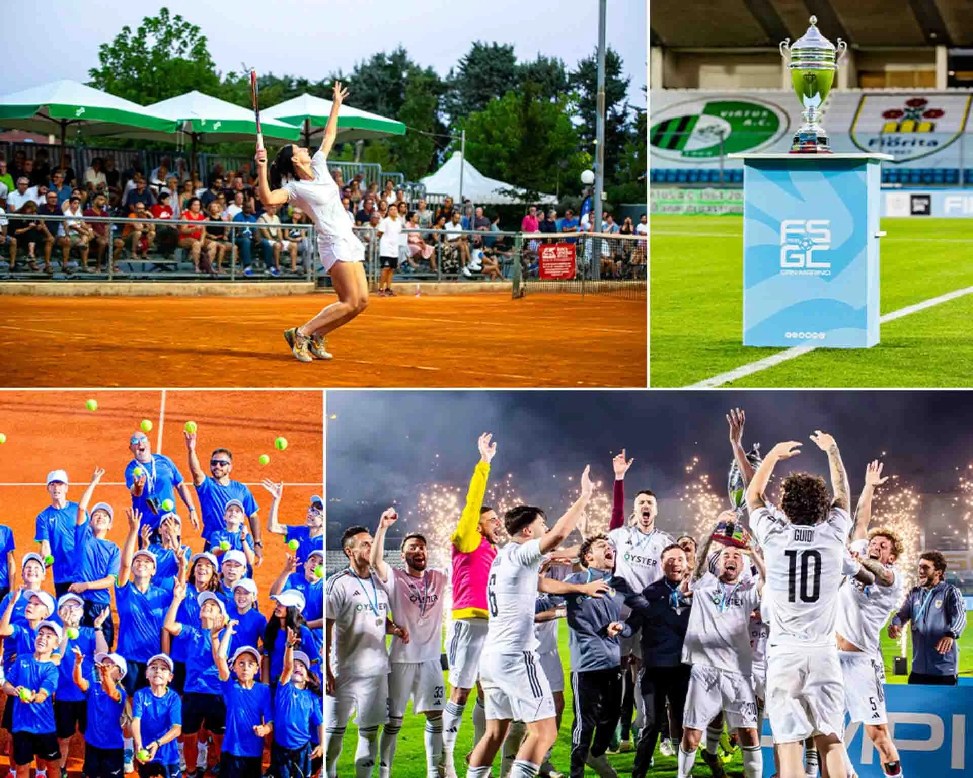 Of the four image collages, 2 images display various tennis tournaments while the other two are of the trophy for the Coppa Di Titano football tournament and the celebration of the winning team